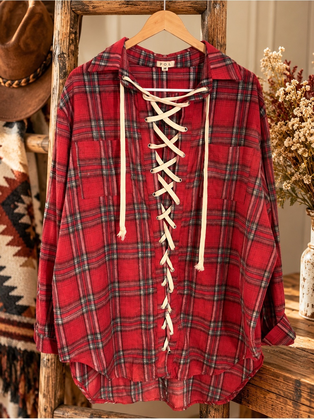 POL Red Plaid Lace-Up Button Down Shirt